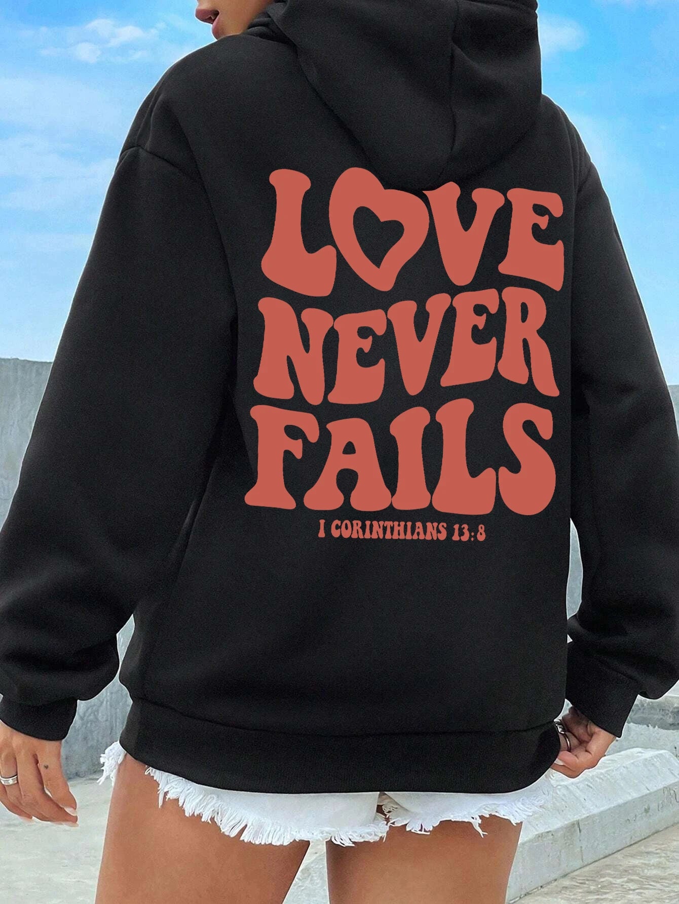 Women's fashionable, warm hooded Love Never Fails, hoodie